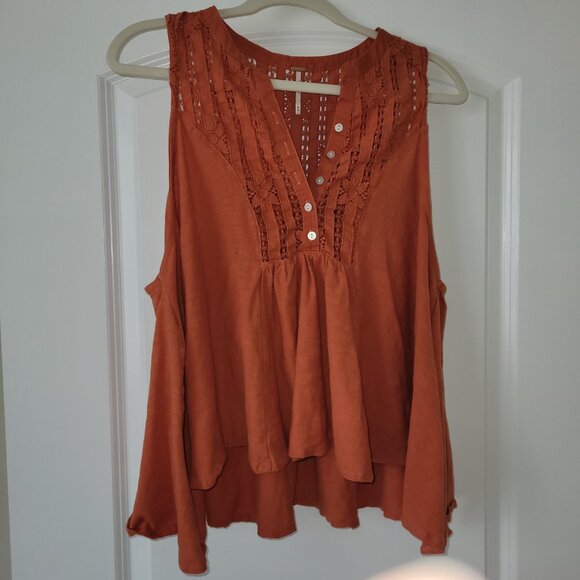 Free People Burndt Orange Top Sunkissed Flowy Lace Inset Sleeveless Top Medium - Picture 2 of 9